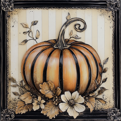 The 10 x 10 Elegant Orange/Black Stripe Pumpkin Sign (TTE-075) features an orange pumpkin with a curled stem, surrounded by leaves and white flowers on a beige and orange/black stripe background with ornate decorative corners.