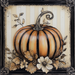 The 10 x 10 Elegant Orange/Black Stripe Pumpkin Sign (TTE-075) features an orange pumpkin with a curled stem, surrounded by leaves and white flowers on a beige and orange/black stripe background with ornate decorative corners.