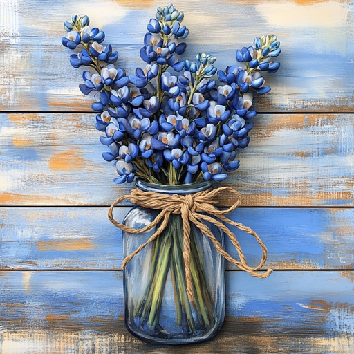 A bouquet of blue flowers in a clear jar tied with twine contrasts beautifully with rustic wood, ideal for home decor. The combination mirrors the charm of a 10 x 10 Bluebonnet Bundle Sign TTE-172.