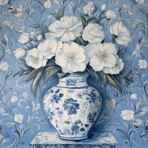 A 10 x 10 Blue Chinoiserie Vase Sign TTE-228 holds a bouquet of white flowers with green leaves against a light blue floral background, enhancing the vases intricate design.