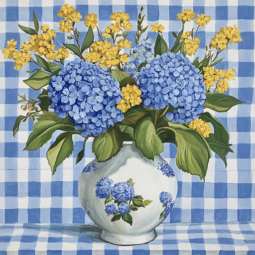The 10 x 10 Blue Gingham Hydrangeas Sign TTE-256 features blue hydrangeas and small yellow flowers against a blue gingham background, with the vases floral patterns mirroring the flower colors for a harmonious, nostalgic charm.