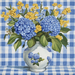 The 10 x 10 Blue Gingham Hydrangeas Sign TTE-256 features blue hydrangeas and small yellow flowers against a blue gingham background, with the vases floral patterns mirroring the flower colors for a harmonious, nostalgic charm.