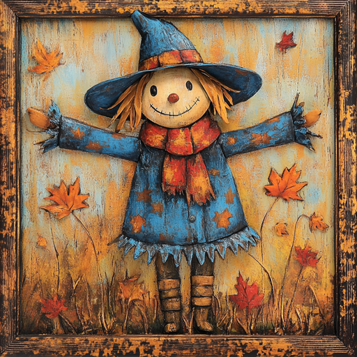 A rustic metal 10 x 10 Rust/Blue Scarecrow Sign (TTE-289) features a smiling scarecrow with a stitched grin, blue hat, and starry blue coat amid autumn leaves—perfect for adding seasonal charm to your décor.