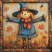 A rustic metal 10 x 10 Rust/Blue Scarecrow Sign (TTE-289) features a smiling scarecrow with a stitched grin, blue hat, and starry blue coat amid autumn leaves—perfect for adding seasonal charm to your décor.