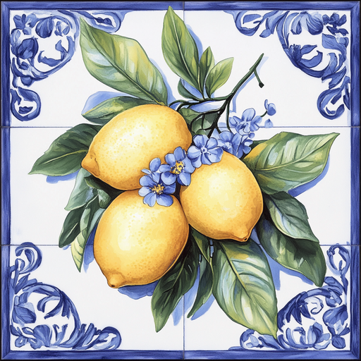 The 10 x 10 Blue Tile Lemons Sign TTE-251 showcases three yellow lemons with green leaves and blue flowers, bordered by a decorative blue and white pattern. This charming piece enhances any decor with its vibrant zest.