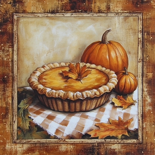 A pumpkin pie with a leaf-shaped crust sits on a checkered cloth, flanked by pumpkins and autumn leaves, beneath the rustic 10 x 10 Border Pumpkin Pie Sign (2) TTE-294 against a textured background.