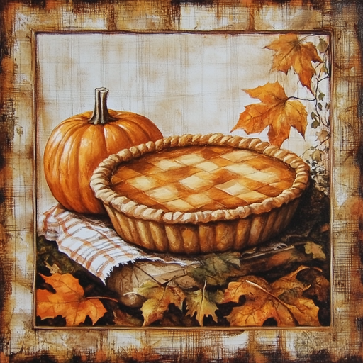 A 10 x 10 Border Pumpkin Pie Sign (TTE-279) sits by a lattice pumpkin pie and whole pumpkin on a cloth, surrounded by autumn leaves in warm earth tones for a cozy fall scene.