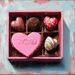 A painted image of a pink box with five assorted Valentine chocolates, including a large XOXO heart, set on a textured blue-brown background. Featured on the 10 x 10 Box of Valentine Chocolates Sign, TTE-128.