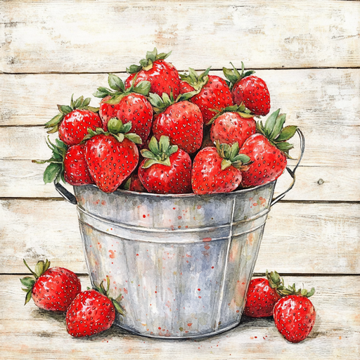 A rustic metal bucket filled with ripe strawberries sits on a wooden surface beneath the charming 10\ x 10\ Bucket of Strawberries Sign TTE-246, with a few scattered strawberries enhancing the scenes fresh, natural feel against a weathered wall.
