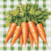 The 10 x 10 Bundle of Carrots Sign TTE-170 features six glossy, vibrant orange carrots with leafy green tops arranged in a row against a green and white checkered background, celebrating the freshness and colors of nature.