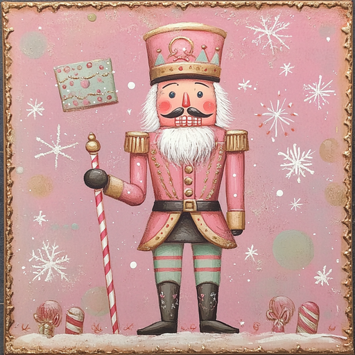 The 10" x 10" Candy Land Christmas Nutcracker Sign TTE-030 features a festive pink-themed illustration of a nutcracker dressed in a pink and gold uniform with a tall hat. This playful character, reminiscent of something out of Candy Land, is depicted holding a candy cane staff surrounded by snowflakes and peppermint candies on a pink backdrop.