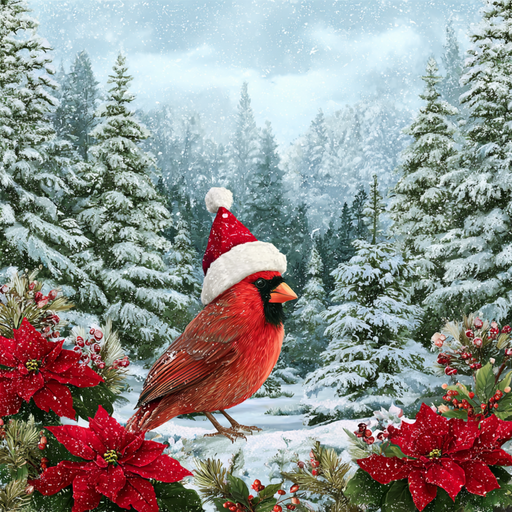 The 10 x 10 Cardinal with Santa Hat Sign (TTE-315) features a bright red cardinal in a Santa hat among poinsettias and pine branches, with snow-tipped trees and gentle snowfall creating a festive scene on this charming metal sign.