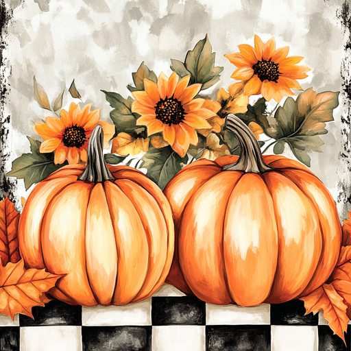 Two orange pumpkins sit on a black-and-white checkerboard surface with sunflowers and autumn leaves against a soft gray background—ideal for showcasing as the 10 x 10 Checkerboard Pumpkins Sign (TTE-271).