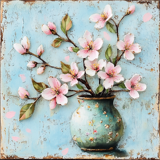 The 10 x 10 Cherry Blossom Bouquet Sign TTE-152 features a rustic vase with pink flowers and green leaves on a textured blue background, evoking an elegant and serene vintage metal sign with a subtly distressed border.