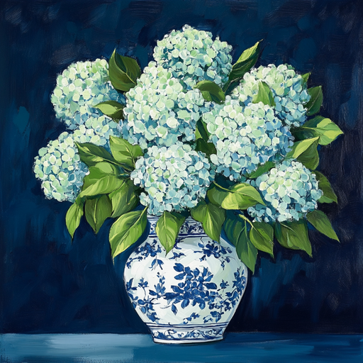 The 10 x 10 Chinoiserie Hydrangea Vase Sign TTE-260 features a detailed painting of white and light blue hydrangea flowers with green leaves in a decorative vase against a dark blue background.