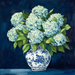 The 10 x 10 Chinoiserie Hydrangea Vase Sign TTE-260 features a detailed painting of white and light blue hydrangea flowers with green leaves in a decorative vase against a dark blue background.