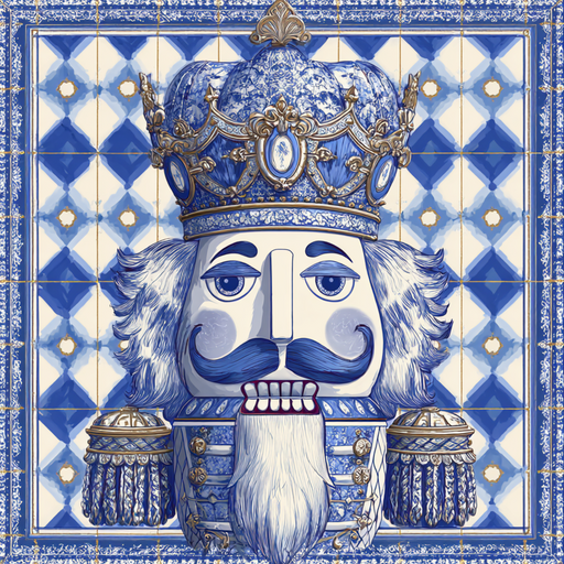 A blue and white illustrated nutcracker with crown and ornate uniform on a patterned tile backdrop—10 x 10 Chinoiserie Nutcracker Sign TTE-334, perfect for blue, white, and gold decor.