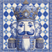 A blue and white illustrated nutcracker with crown and ornate uniform on a patterned tile backdrop—10 x 10 Chinoiserie Nutcracker Sign TTE-334, perfect for blue, white, and gold decor.