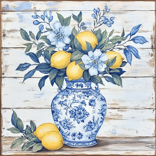 The 10 x 10 Chinoiserie Vase with Lemons Sign TTE-253 features a vase holding lemons, white flowers, and green leaves against rustic wood, enhanced by two additional lemons with leaves.