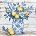 The 10 x 10 Chinoiserie Vase with Lemons Sign TTE-253 features a vase holding lemons, white flowers, and green leaves against rustic wood, enhanced by two additional lemons with leaves.