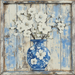 The 10\ x 10\ Chinoiserie Vase with White Flowers Sign TTE-179 features a vase with floral patterns set against distressed blue and beige planks, elegantly contrasting a rustic wooden backdrop.