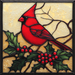 The 10 x 10 Christmas Cardinal Stained Glass Sign TTE-080 features a vibrant cardinal perched among holly leaves and red berries, set against a textured warm beige background that enhances the bird’s vivid colors and embodies festive cheer.