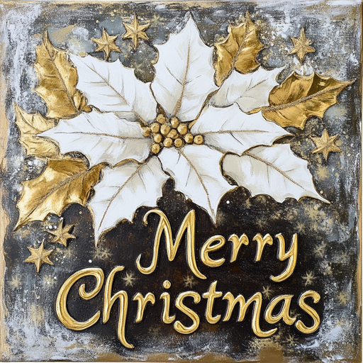 The 10" x 10" Merry Christmas Poinsettia Sign (TTE-051) features a white poinsettia encircled by golden holly leaves and stars. Set against a dark, textured background that enhances its elegance, the sign is finished with "Merry Christmas" written in graceful golden script at the bottom—ideal for bringing charm to your Christmas decorations.