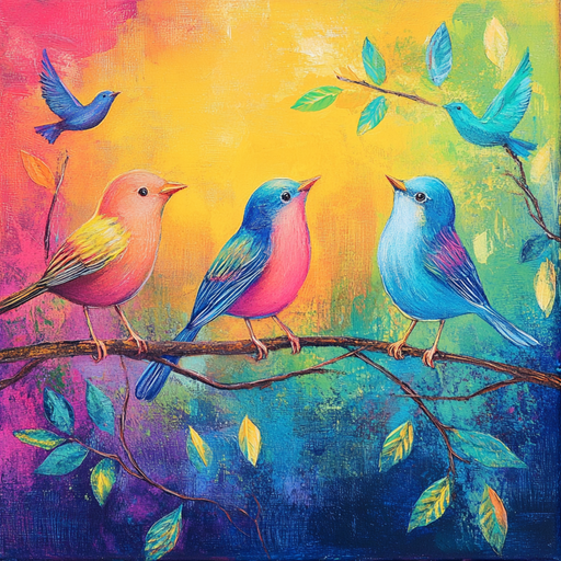 The 10 x 10 Colorful Song Birds Sign TTE-247 features a vibrant painting of pink, blue, and purple songbirds perched on a branch amid leaves, with two birds flying above. This lively design adds charm and whimsy to any space.