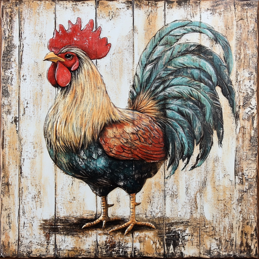 The 10 x 10 Country Rooster Sign TTE-064 features a vibrant rooster with red, blue, and green feathers against a rustic wooden background, offering a weathered vintage style ideal for charming home decor.
