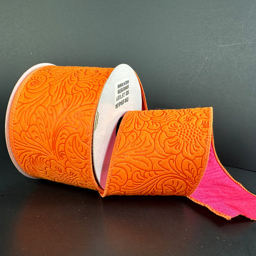 2.5"X10Y Orange Fuchsia   Double Sided Embossed Dupioni Ribbon D42510-40-19