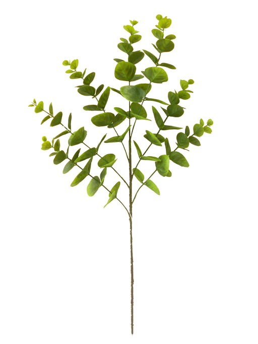 The 24.5 Green Artificial Eucalyptus Bush (E6624487) features seven long stems, each with round, flat leaves, shown isolated on a white background.