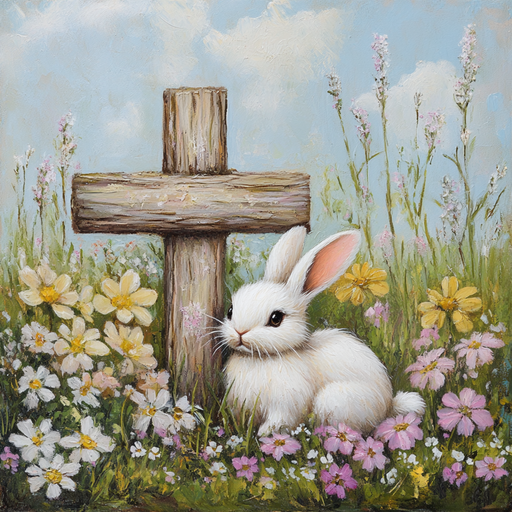 The 10 x 10 Easter Bunny & Cross Sign (TTE-201) features a white bunny in a vibrant flower meadow next to a wooden cross, with wildflowers, tall grasses, and a blue sky with soft clouds.