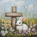The 10 x 10 Easter Bunny & Cross Sign (TTE-201) features a white bunny in a vibrant flower meadow next to a wooden cross, with wildflowers, tall grasses, and a blue sky with soft clouds.