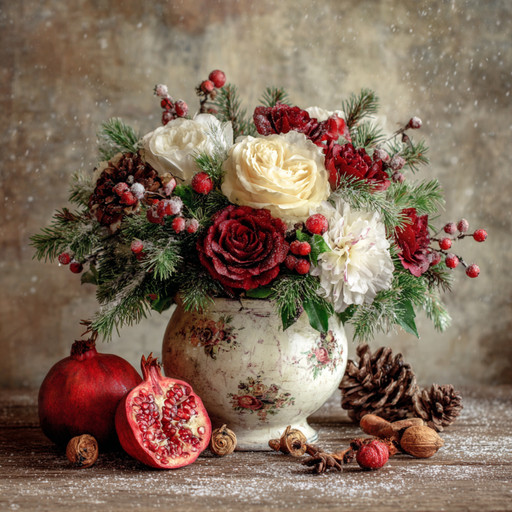 The 10 x10 Elegant Christmas Arrangement Sign (TTE-316) features a vintage vase with red and white roses, pine branches, and berries on a wooden surface with pinecones, pomegranates, and nuts for festive rustic décor.