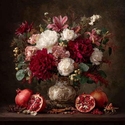 The 10 x 10 Elegant Christmas Arrangement Sign (2) TTE-320 features red and white peonies, pink lilies, foliage, pomegranates, star anise, berries, and festive accents against a dark textured background.