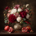 The 10 x 10 Elegant Christmas Arrangement Sign (2) TTE-320 features red and white peonies, pink lilies, foliage, pomegranates, star anise, berries, and festive accents against a dark textured background.