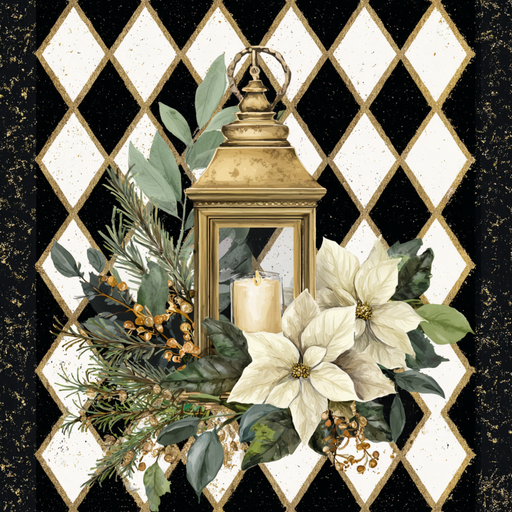 The 10 x 10 Elegant Holiday Lantern Sign (TTE-313) features a gold lantern with a white candle, white poinsettias, green leaves, yellow berries, and a black and white diamond background with gold speckles.
