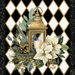 The 10 x 10 Elegant Holiday Lantern Sign (TTE-313) features a gold lantern with a white candle, white poinsettias, green leaves, yellow berries, and a black and white diamond background with gold speckles.