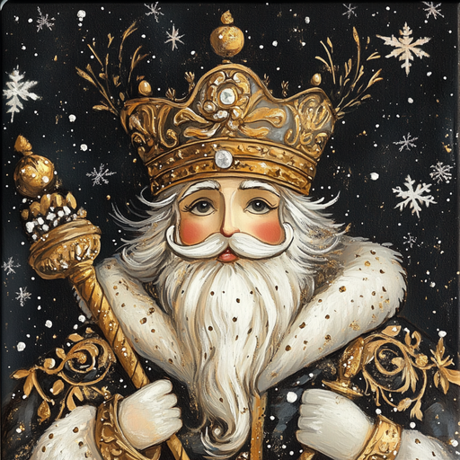 A dignified figure resembling the Elegant Nutcracker King Sign from product TTE-138, sports a majestic white beard and is adorned with a lavish black, gold, cream, grey, and white crown and robe. The figure brandishes a golden scepter amid a dark, snowy backdrop where delicate snowflakes softly descend.
