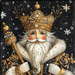 A dignified figure resembling the Elegant Nutcracker King Sign from product TTE-138, sports a majestic white beard and is adorned with a lavish black, gold, cream, grey, and white crown and robe. The figure brandishes a golden scepter amid a dark, snowy backdrop where delicate snowflakes softly descend.