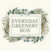 A rectangular sign with the text 2025 Everyday Greenery Box is surrounded by watercolor-style eucalyptus leaves and lush green foliage on a cream background.