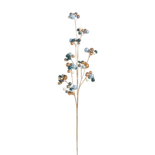 Product Name: 29" Blue and Gold Ball Spray F4317563  

Description: A decorative ball spray adorned with clusters of small, glossy beads in shades of blue, gold, and silver on slender golden stems against a white background.
