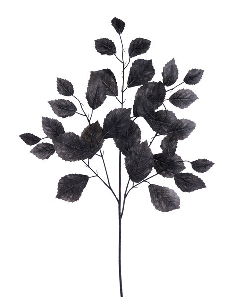 The 28L Black Rose Leaf Spray (FG663302) features multiple dark, nearly black leaves on slender stems, set against a white background. Available as a bundle of 12.