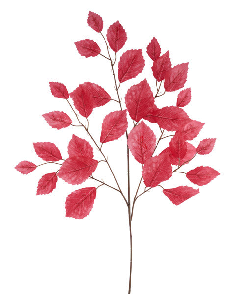 A bundle of 12, 28 long red Rose Leaf Sprays (FG663324), each featuring multiple brown branches with vibrant red artificial leaves, arranged against a white background.