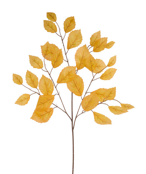 The 28L Yellow Rose Leaf Spray (FG663329) features multiple thin stems and yellow-orange leaves that resemble fall foliage. Set against a white background, this bundle includes 12 sprays.