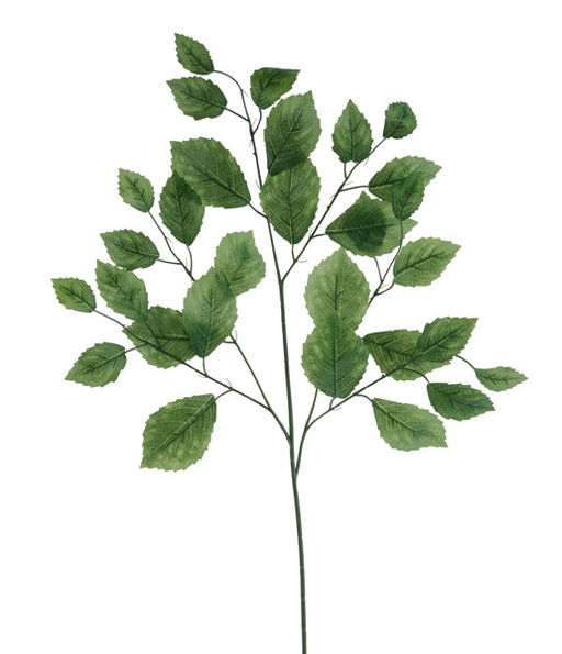 The 28L Dark Green Rose Leaf Spray (FG663345) features multiple serrated dark green leaves on vibrant stems, isolated on a white background.