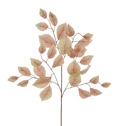 A 28L Terracotta Green Rose Leaf Spray Bundle of 12 (FG663349) features multiple stems with light pink and terracotta green leaves, arranged against a plain white background.