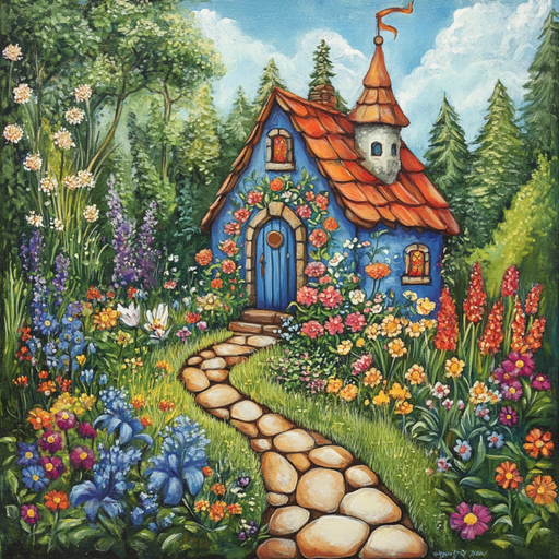 A whimsical painting showcases a 10 x 10 Fairytale Cottage Sign TTE-213 on a blue cottage with a red-tiled roof and tower. Set in a lush garden, it features a stone path winding through vibrant flowers toward the door, under tall trees and fluffy clouds in the sky.