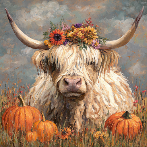 The 10 x 10 Fall Highland Cow Sign TTE-329 features a shaggy highland cow with long horns and a flower crown, standing among orange pumpkins in a grassy field under a cloudy sky—perfect fall decor with an oil painting look.
