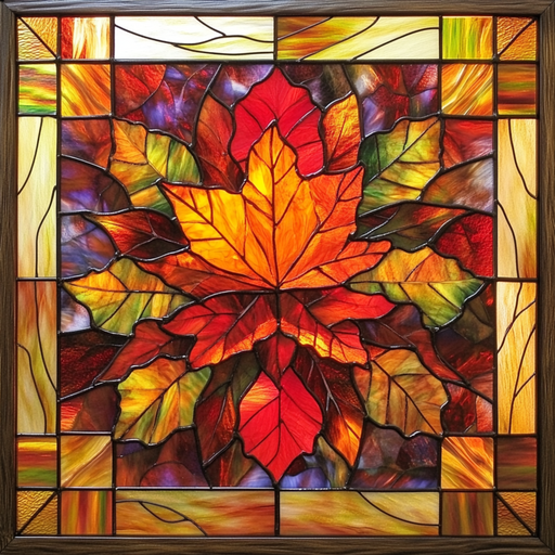 The 10 x 10 Fall Maple Leaf Stained Glass Window Sign TTE-054 showcases autumn leaves, notably maple, in vibrant red, orange, yellow, and green shades. Its ideal fall decor with overlapping leaves and a warm brown and golden border creating a colorful look.